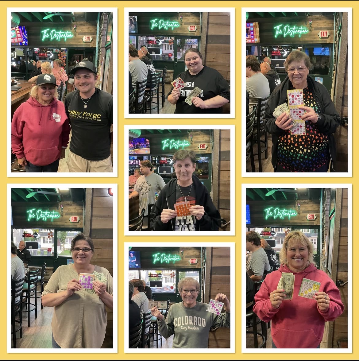 Collage of Monday night bingo winners at The Destination holding up their bingo cards and cash winnings beneath the green neon sign