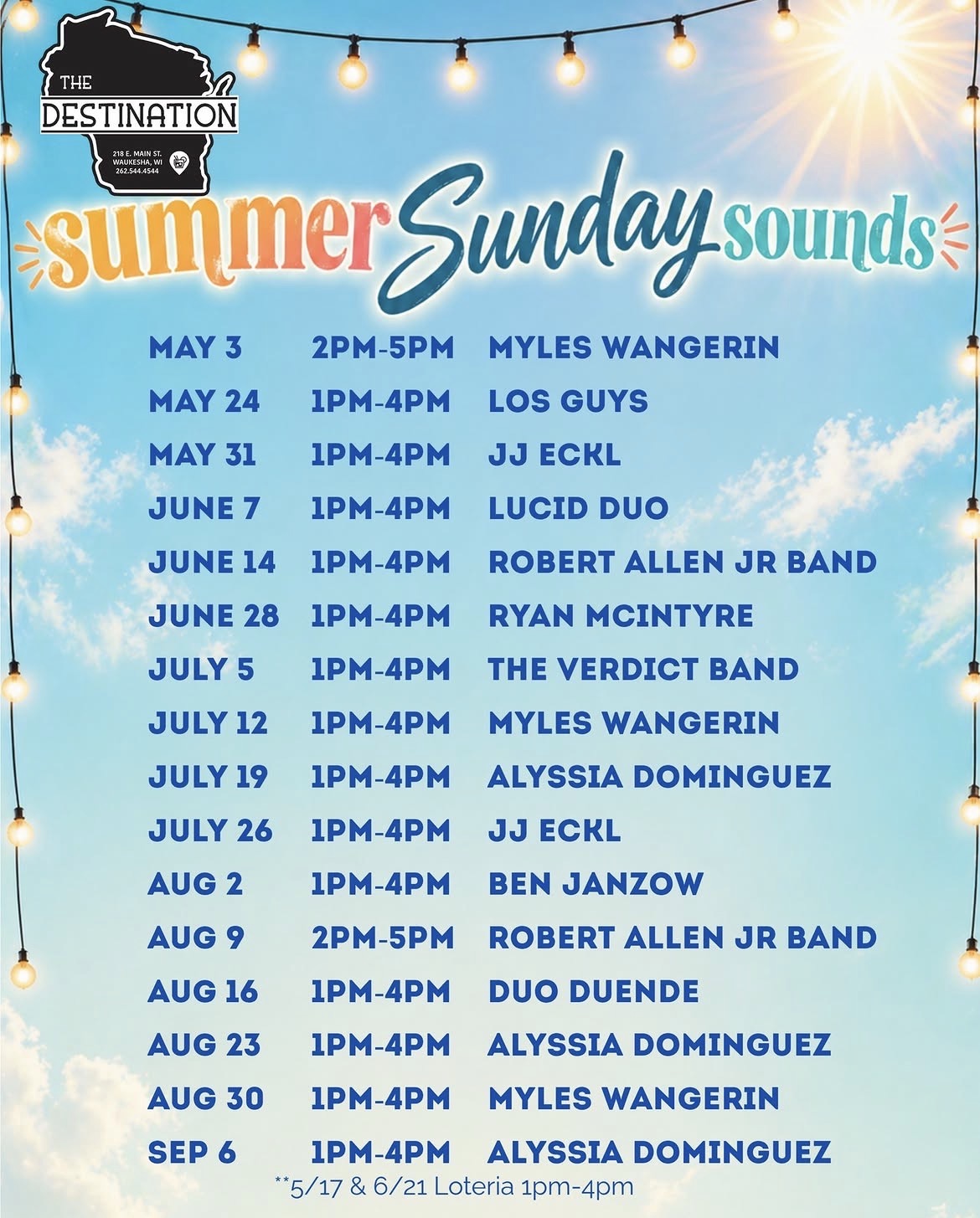 Flyer: Summer Sunday Sounds live music lineup at The Destination, listing solo acts, duos and bands across the summer Sunday afternoons